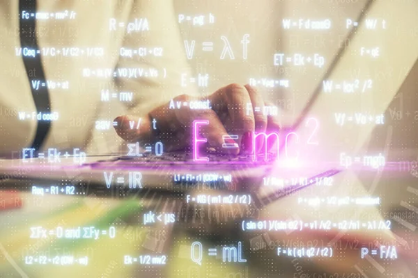 Double Exposure Woman Hands Typing Computer Formula Hologram Drawing Education — Stock Photo, Image