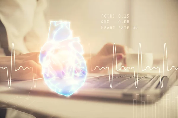 Double Exposure Woman Hands Typing Computer Heart Hologram Drawing Education — Stock Photo, Image