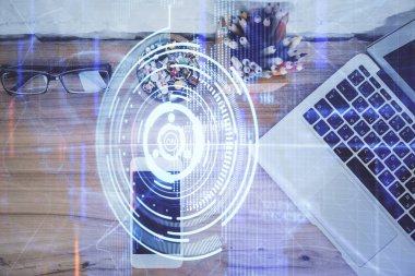 Çalışma masasının üzerine teknoloji teması çizimi çifte pozlama. Üst Manzara. Küresel veri analiz kavramı.