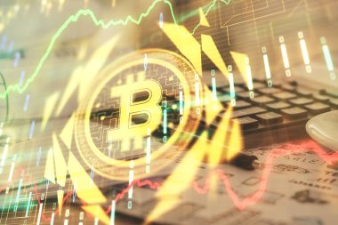 Blockchain temalı çizimler ve açık defter arkaplanı olan bir masa. Kripto para birimi kavramı