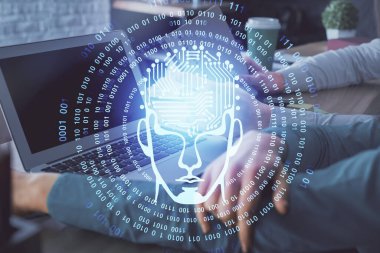 Kadın ve erkeğin birlikte çalıştığı ve beyinlerinin hologram çekerken çift pozlama. Zihinsel beyin fırtınası konsepti. Bilgisayar arkaplanı.