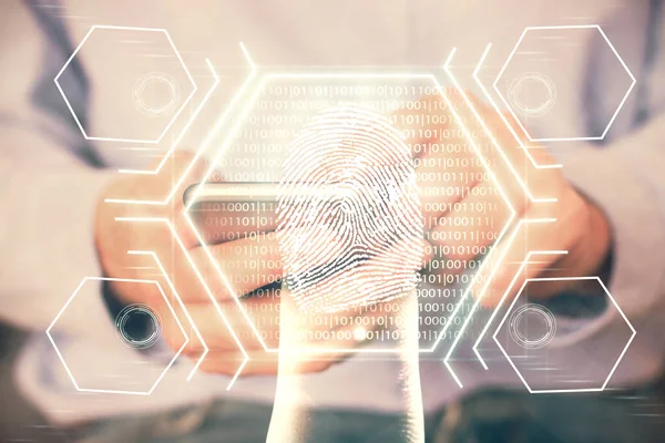 Двойное Обнажение Рук Человека Держащих Использующих Цифровое Устройство Рисунок Голограммы — стоковое фото