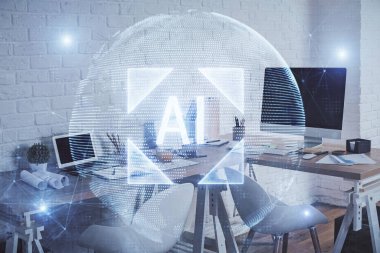 Veri teması çizimi ve ofis içi arka planına çifte maruz kalma. Teknoloji kavramı.