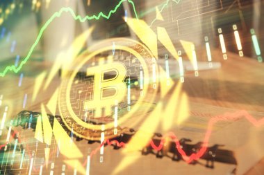 Blockchain temalı çizimler ve açık defter arkaplanı olan bir masa. Kripto para birimi kavramı