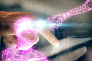 Dijital bir cihaz ve AR gözlüğü çizimi kullanarak bir adamın elini iki kez tutarken görüntülendi. Sanal gerçeklik kavramı.