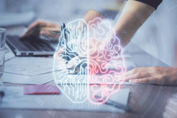 Multi Exposure Woman Hands Working Computer Brain Hologram Drawing Concept — Stock Photo, Image