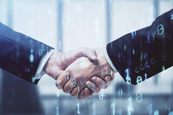 Dubbel Exponering Data Tema Hologram Och Handslag Två Män Partnerskap — Stockfoto