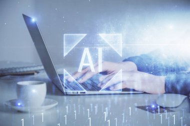 Bilgisayar ve veri temalı hologram çizimleri üzerinde çalışan kadın ellerine çok fazla maruz kalma. Teknoloji kavramı.