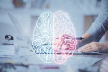 Bilgisayar ve beyin hologramı çizimleri üzerinde çalışan çok sayıda kadın eli var. Ai kavramı.