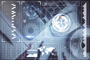 Çalışma masası arkaplanının üstünde bilgisayarla hologram çizen veriye çifte maruz kalma. Ai kavramı.