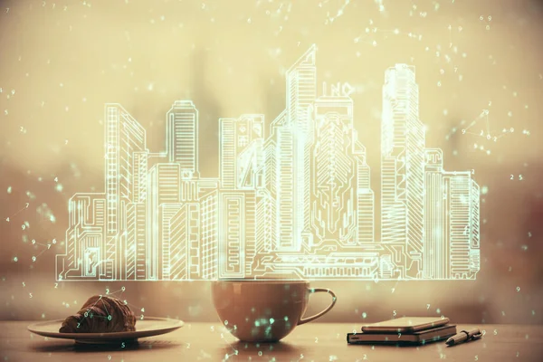 Doppelbelichtung Der Zeichnung Von Gebäuden Hologramm Über Kaffeetasse Hintergrund Büro — Stockfoto