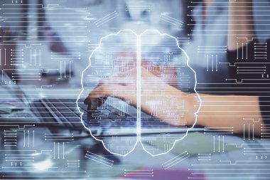 Bilgisayar ve beyin hologramı çizimleri üzerinde çalışan çok sayıda kadın eli var. Ai kavramı.