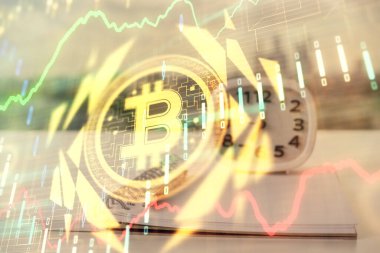 Blockchain temalı çizimler ve açık defter arkaplanı olan bir masa. Kripto para birimi kavramı