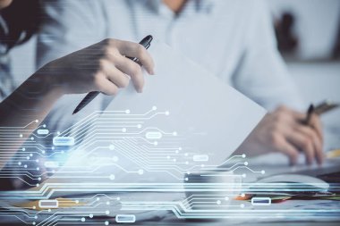 Veri temalı çizimin arka plan yazan insanların üzerine çifte pozlanması. Teknoloji kavramı
