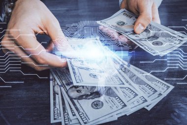Beynin holograma maruz kalması, bize dolar banknotları ve insan eli çizmesi. Ai yatırım konsepti