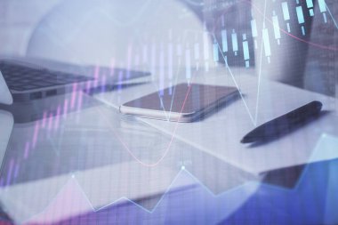 Ön x grafik çizimi ve cep telefonu arkaplanı çift pozlama. Mali veri analizi kavramı