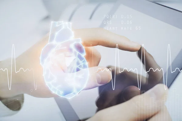 Double Exposure Man Hands Holding Using Phone Heart Drawing Medical — Stock Photo, Image