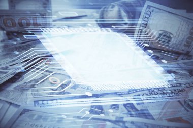 İki kez veri temasına maruz kalınca dolar banknotları arka planda kalıyor. Teknoloji konsepti.