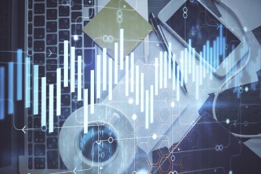 Bilgisayarla arka plan üzerine iki kat mali şema çizimi. Araştırma ve analiz kavramı. Üst görünüm.