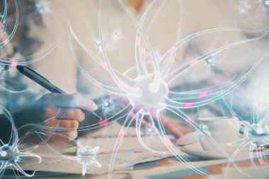 Nöron temasının arka plan notları alan insanların üzerine çift taraflı çizimi. Tıp eğitimi kavramı