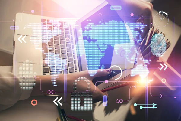Dubbel exponering av kvinnliga händer som arbetar på dator och världskarta hologram ritning. Internationell affärsidé inom teknik. — Stockfoto