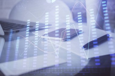 Ön x grafik çizimi ve cep telefonu arkaplanı çift pozlama. Mali veri analizi kavramı