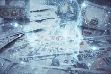 Beynimizin dolar banknotlarının arka planına iki kez çekilmesi. Teknoloji konsepti.