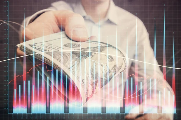 Multi Exposición Gráfico Financiero Dibujo Holograma Billetes Dólares Las Manos — Foto de Stock