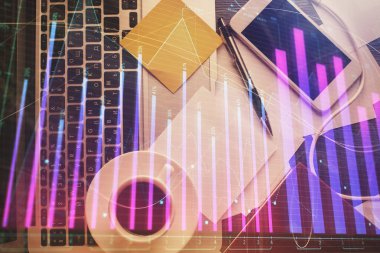 Bilgisayarla arka plan üzerine iki kat mali şema çizimi. Araştırma ve analiz kavramı. Üst görünüm.