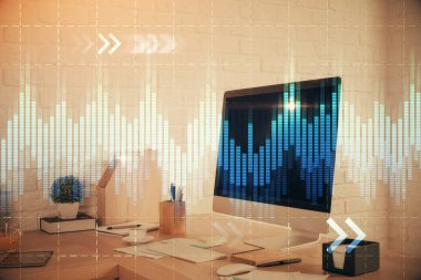 Borsa grafik çizimi ve ofis içi arka planının iki katına çıkarılması. Mali analiz kavramı.