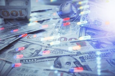 İki kez veri temasına maruz kalınca dolar banknotları arka planda kalıyor. Teknoloji konsepti.