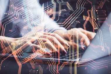 Bilgisayar ve teknoloji temalı çizimlerde kadın elinin çifte pozlanması. Yüksek Teknoloji kavramı.