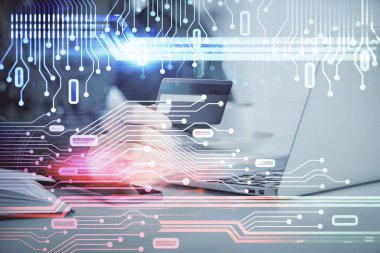 Kredi kartı ve veri temalı hologram çizimi tutan bir kadının online alışverişine iki kez maruz kalışı. E-ticaret kavramı.