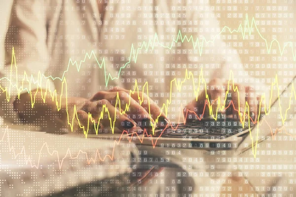 Doppelbelichtung Von Frauenhänden Beim Tippen Auf Computer Und Forex Diagramm — Stockfoto