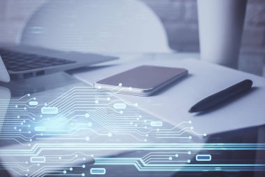 Veri teması çizimi ve cep telefonu arkaplanı çift pozlama. Yenilik kavramı