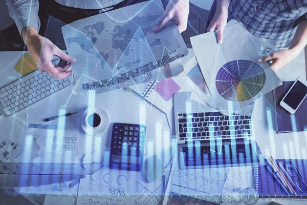 Double Exposure Man Woman Working Together Financial Chart Hologram Drawing — Stock Photo, Image