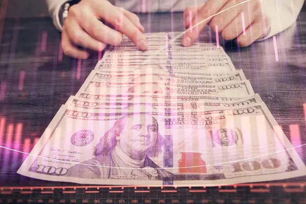 Multi Exposure Forex Graph Drawing Hologram Usa Dollars Bills Man — Stock Photo, Image