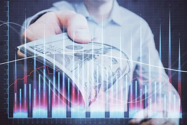 Multi Exponering Finansiella Diagram Rita Hologram Och Usa Dollar Räkningar — Stockfoto