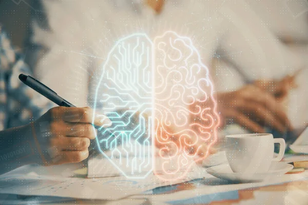 Double Exposure Brain Drawing People Taking Notes Background Concept — Stock Photo, Image