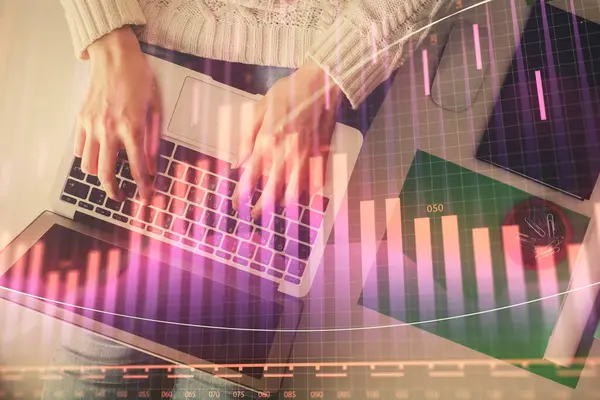 Double Exposure Woman Hands Working Computer Forex Chart Hologram Drawing — Stock Photo, Image