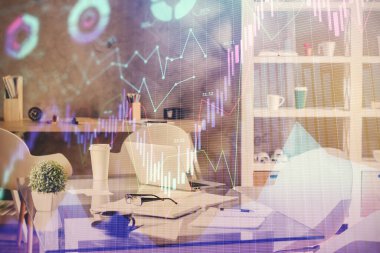 Hisse senedi borsası çizimine ve ofis iç planına çok maruz kalmış. Mali analiz kavramı.