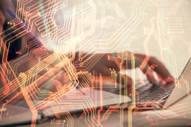 Bilgisayar ve teknoloji temalı çizimlerde kadın elinin çifte pozlanması. Yüksek Teknoloji kavramı.