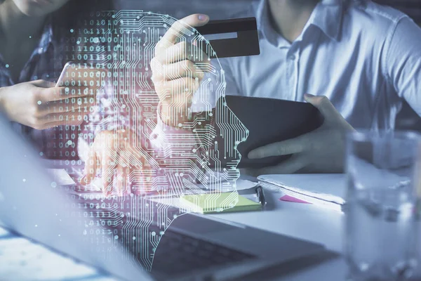 Double Exposure Man Woman Line Shopping Holding Credit Card Brain — Stock Photo, Image