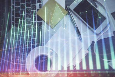 Bilgisayarla arka plan üzerine iki kat mali şema çizimi. Araştırma ve analiz kavramı. Üst görünüm.