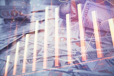 Forx grafiğinin çok sayıda görüntüsü bize dolar banknotları arka planında görünüyor. Finansal başarı piyasası kavramı.