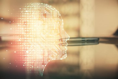 Kahve fincanı arkaplanından Ai veri beyninin iki kez görüntülenmesi.