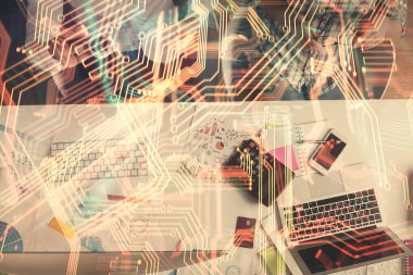 Kadın ve erkeğin birlikte çalışması ve teknoloji temalı çizimler. Bilgisayar arkaplanı. Üst Manzara. Yüksek teknoloji konsepti.