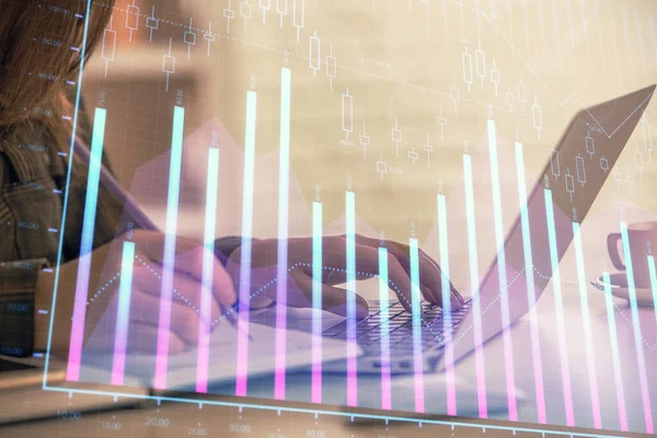 Double Exposure Businesswoman Hands Typing Computer Forex Graph Hologram Drawing — Stock Photo, Image