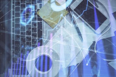 Bilgisayarla arka plan üzerine iki kat mali şema çizimi. Araştırma ve analiz kavramı. Üst görünüm.