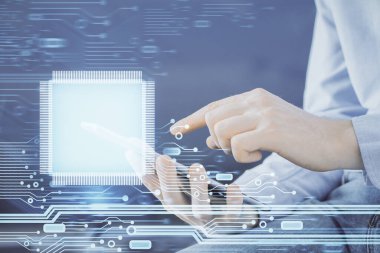 Dijital bir cihaz ve veri temalı çizim kullanan bir adamın el ele tutuşması. Yenilik kavramı.